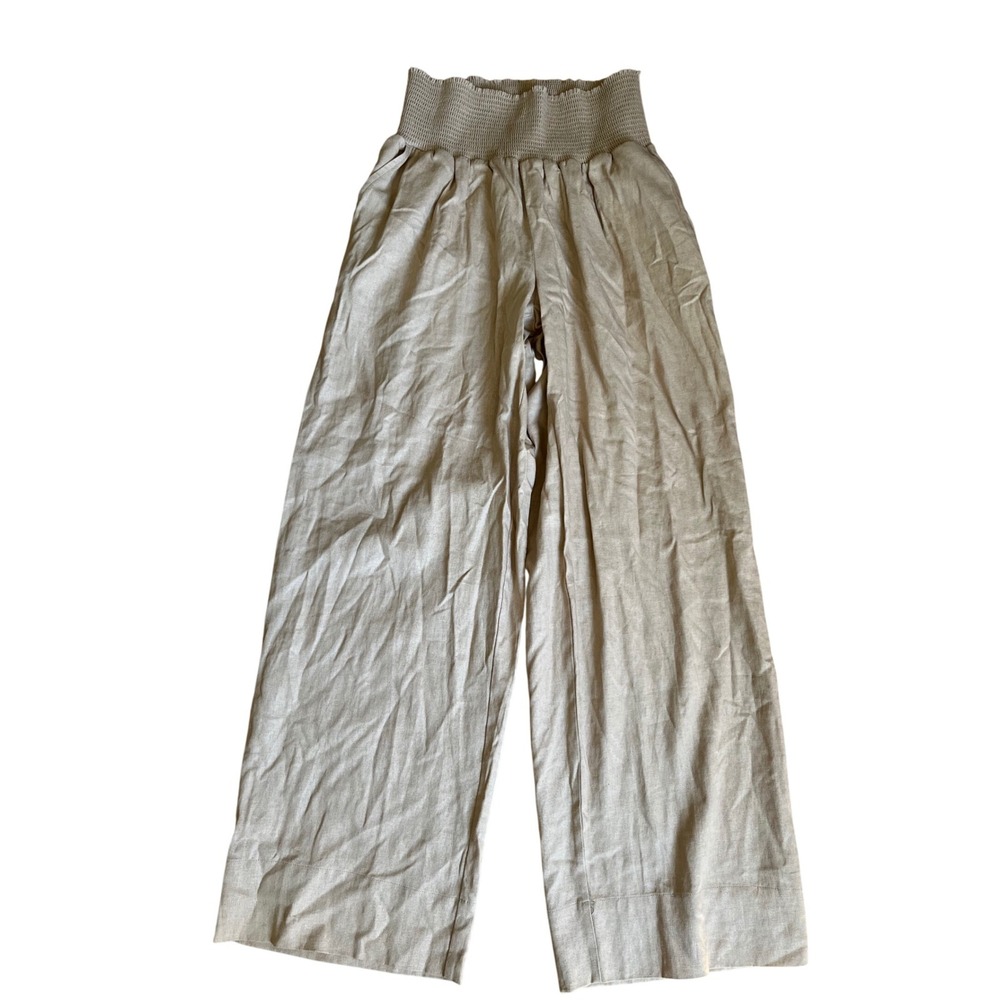 Isabel by Ingrid & Isabel Maternity Tan Linen Blend Smocked Wide Leg Pants S